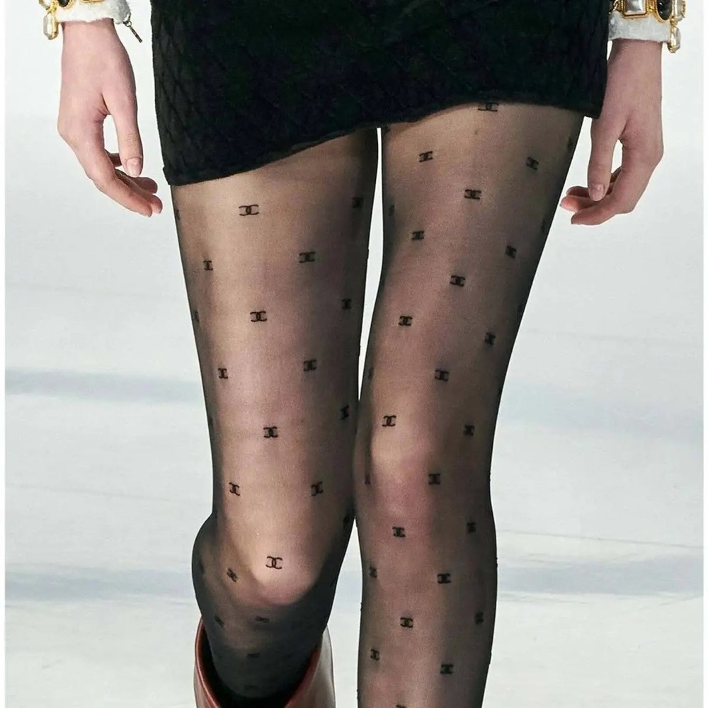 NWT🖤Chanel🖤CC Logo Printed Sheer Black Tights Stockings Pantyhose